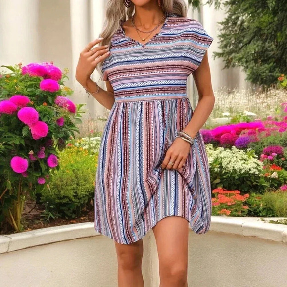 🆕️Sun-Kissed Stripes Boho Chic V-Neck Summer Colorful Fashion Trendy Midi Dress - Picture 12 of 13
